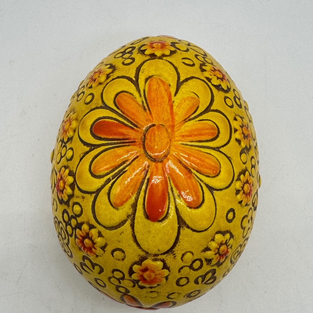 Vintage 1970s Italian Hand Painted Decorative Egg Floral Mustard Yellow Italy